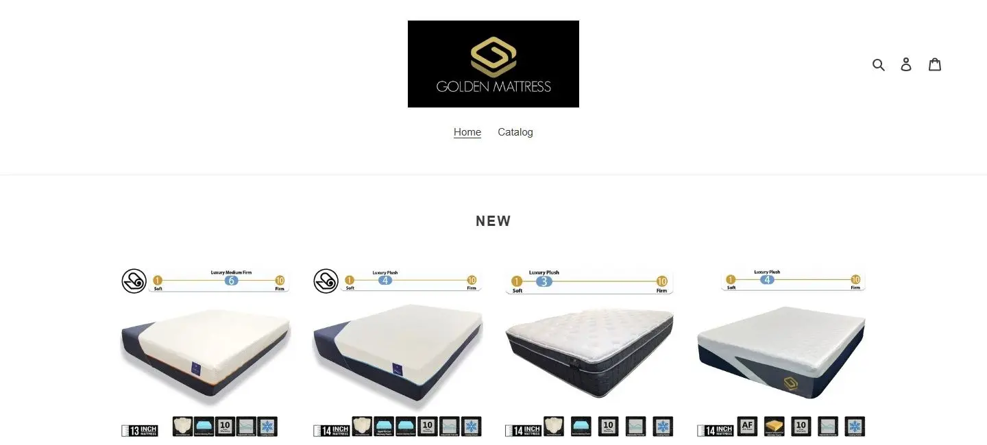 Homepage of goldenmattressretail.com, the Golden Mattress retail store Mitch built, showing the new Serenity mattress line